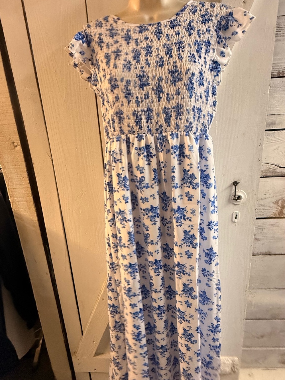 White & Blue Floral Smocked Maxi Dress for Women